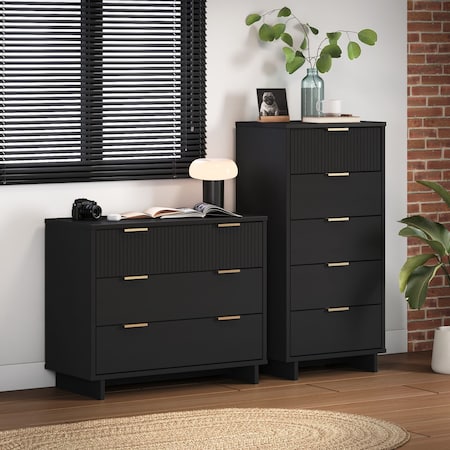 Manhattan Comfort Granville Black 5-Drawer Tall Dresser and 3-Drawer Standard Dresser, Set of 2 GRAN012